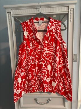 Chico's Red and White Sleeveless Printed Split-Neck Top